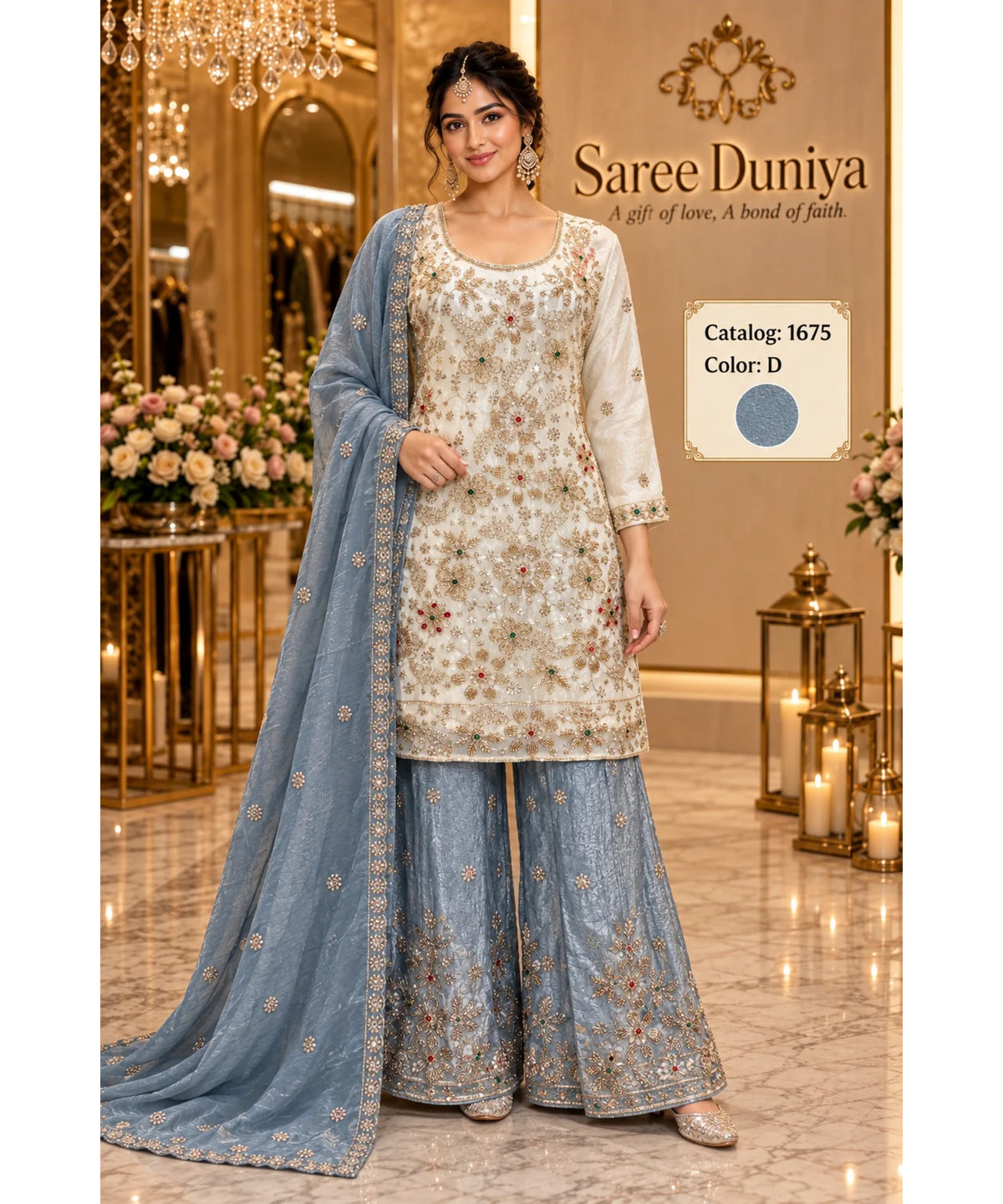 Saree Duniya Catalog 1675 Color D - fully stitched ivory embellished suit with dusty steel blue with silvery metallic sheen palazzo pants and dupatta, adult model