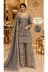 Saree Duniya Catalog 1681 Color C - adult model wearing the smoky charcoal grey with warm antique-gold metallic highlights embellished designer suit with matching palazzo pants and dupatta