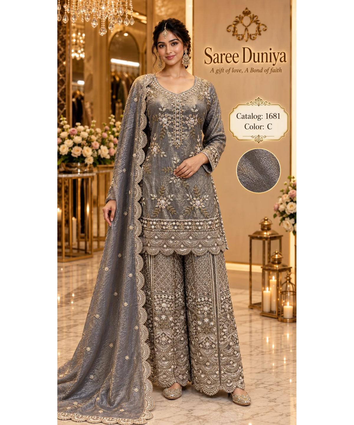 Saree Duniya Catalog 1681 Color C - adult model wearing the smoky charcoal grey with warm antique-gold metallic highlights embellished designer suit with matching palazzo pants and dupatta