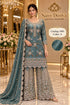 Saree Duniya Catalog 1681 Color A - adult model wearing the deep muted teal / petrol green-blue with a metallic pale-gold sheen embellished designer suit with matching palazzo pants and dupatta