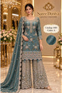 Saree Duniya Catalog 1681 Color A - adult model wearing the deep muted teal / petrol green-blue with a metallic pale-gold sheen embellished designer suit with matching palazzo pants and dupatta