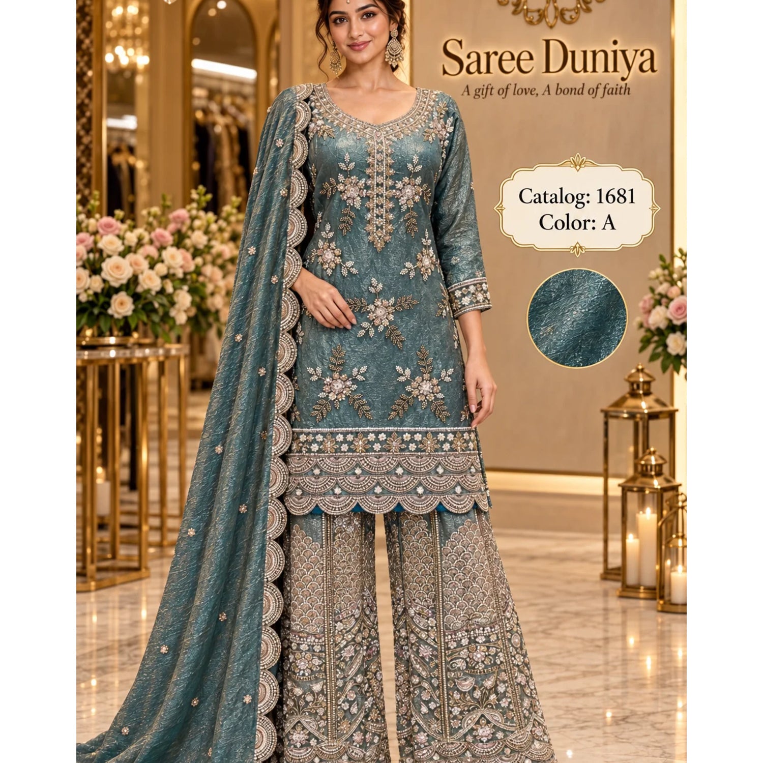 Saree Duniya Catalog 1681 Color A - adult model wearing the deep muted teal / petrol green-blue with a metallic pale-gold sheen embellished designer suit with matching palazzo pants and dupatta