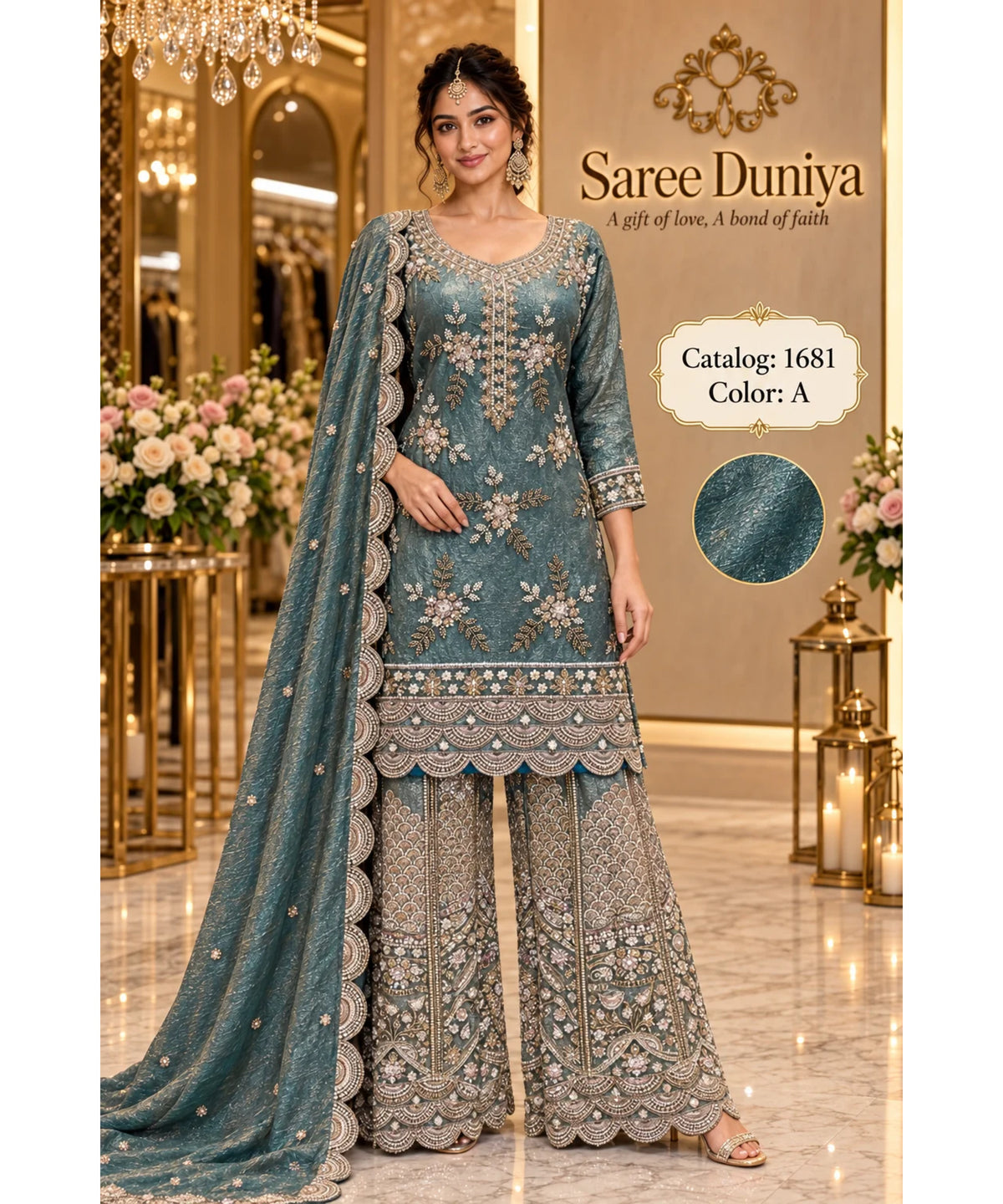 Saree Duniya Catalog 1681 Color A - adult model wearing the deep muted teal / petrol green-blue with a metallic pale-gold sheen embellished designer suit with matching palazzo pants and dupatta