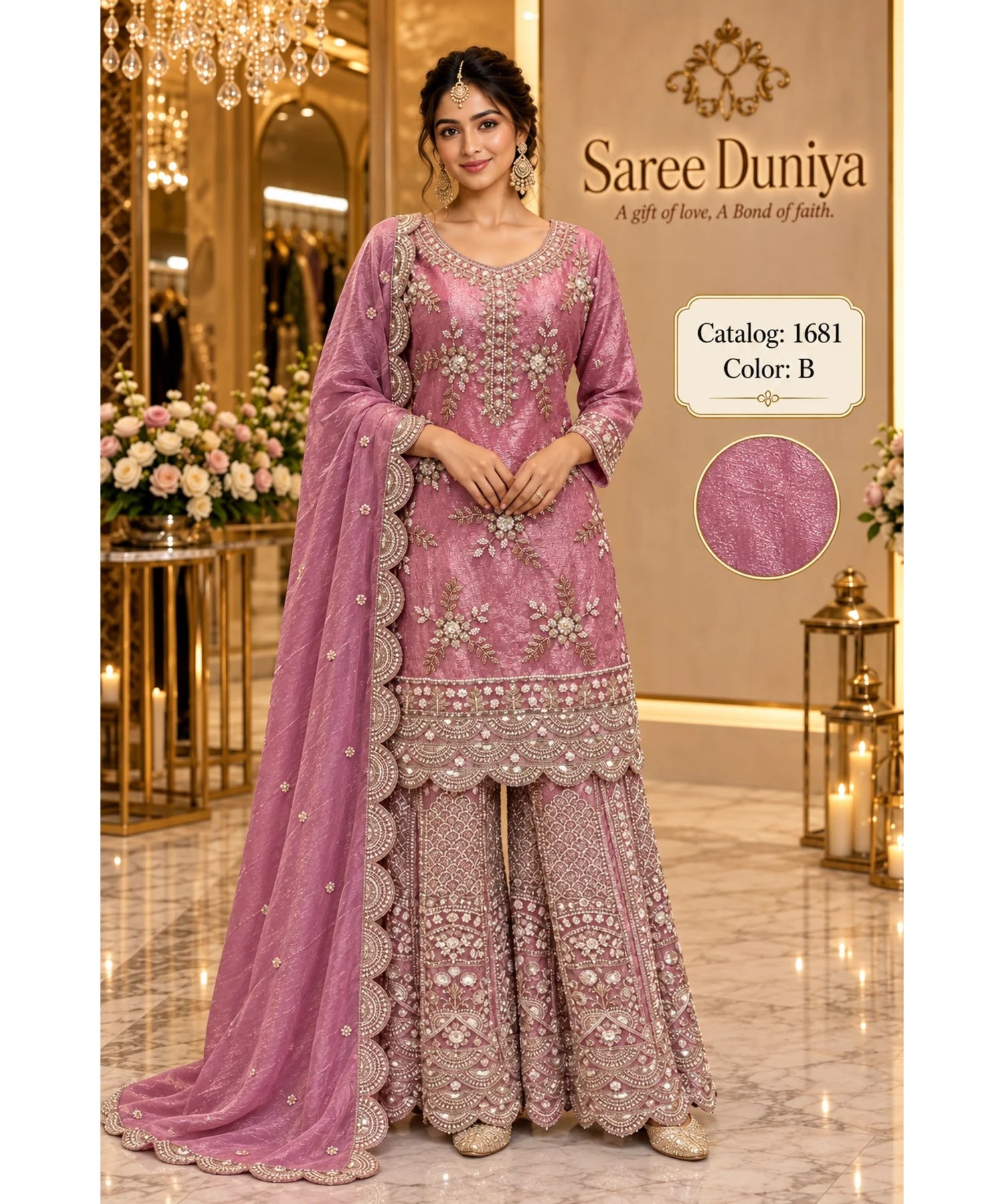 Saree Duniya Catalog 1681 Color B - adult model wearing the dusty rose pink with a muted mauve undertone and metallic shimmer embellished designer suit with matching palazzo pants and dupatta