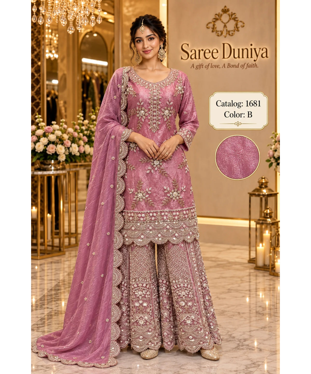 Saree Duniya Catalog 1681 Color B - adult model wearing the dusty rose pink with a muted mauve undertone and metallic shimmer embellished designer suit with matching palazzo pants and dupatta