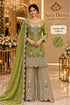 Saree Duniya Catalog 1681 Color D - adult model wearing the luminous moss / chartreuse olive green with a golden sheen embellished designer suit with matching palazzo pants and dupatta