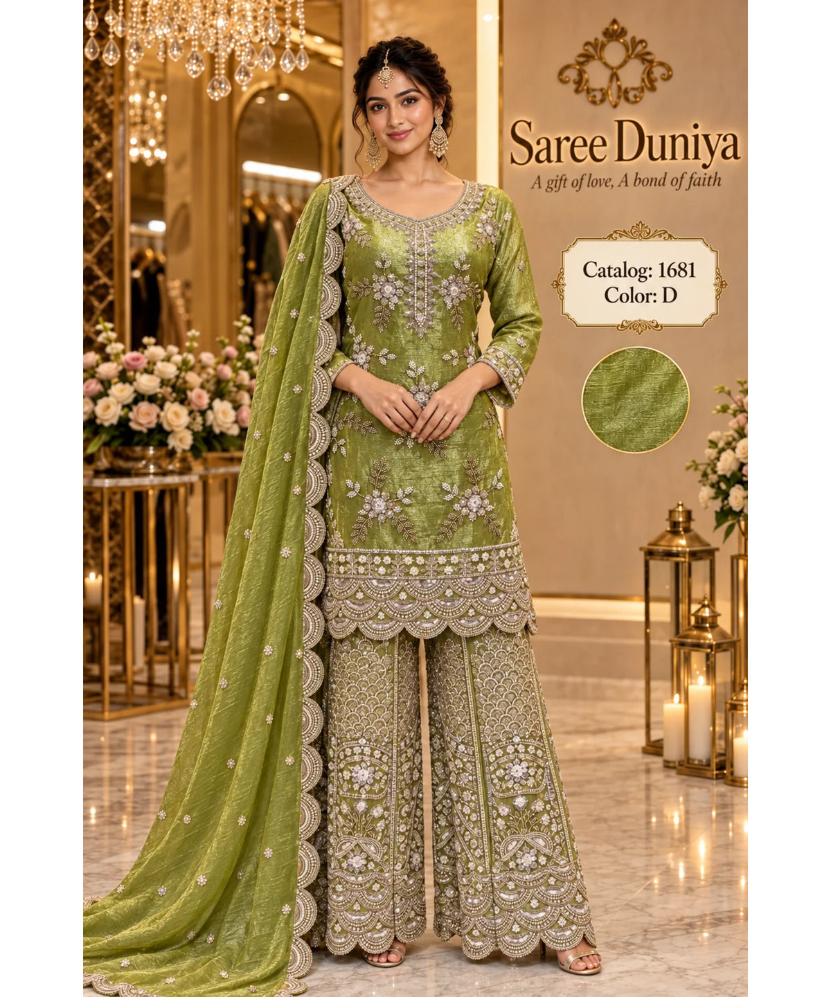 Saree Duniya Catalog 1681 Color D - adult model wearing the luminous moss / chartreuse olive green with a golden sheen embellished designer suit with matching palazzo pants and dupatta