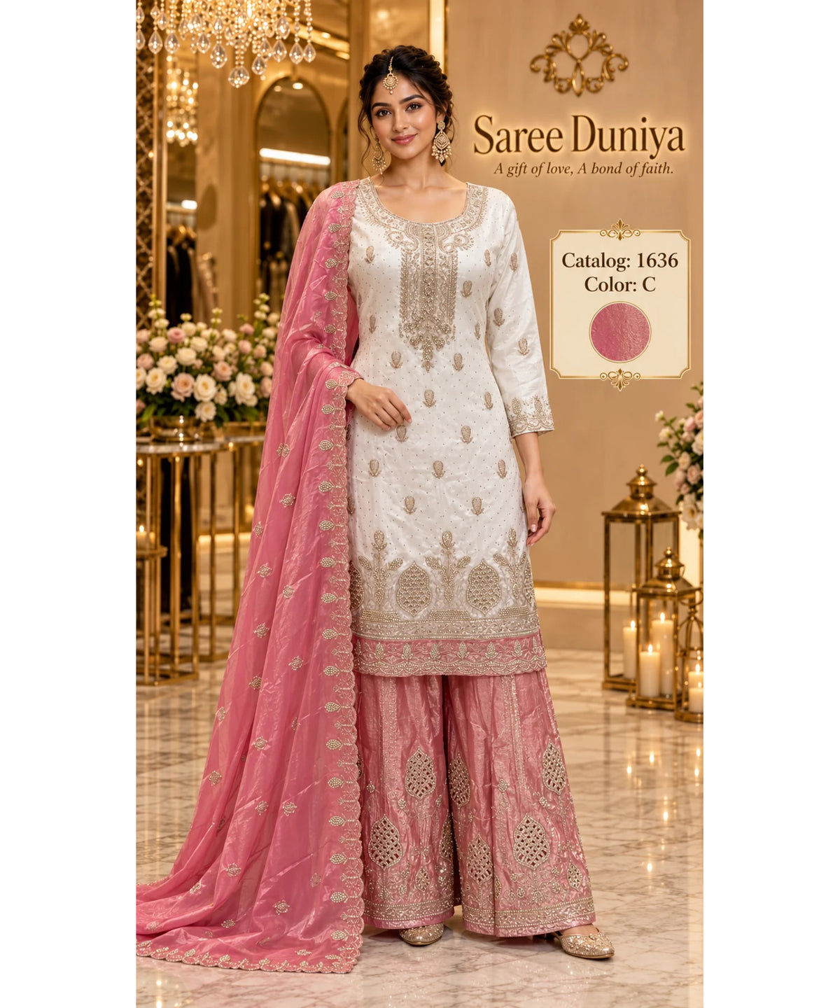 Saree Duniya Catalog 1636 Color C - adult model wearing an ivory designer suit with dusty rose-pink contrast, size XXL (44)