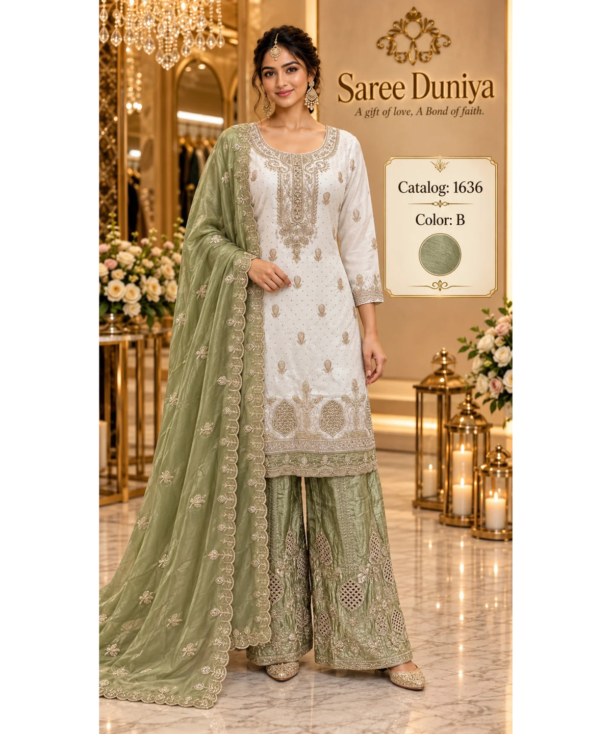 Saree Duniya Catalog 1636 Color B - adult model wearing an ivory designer suit with muted light olive-green contrast, size XXL (44)