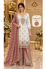 Saree Duniya Catalog 1636 Color A - adult model wearing an ivory designer suit with muted rose-gold / copper-rose contrast, size XXL (44)