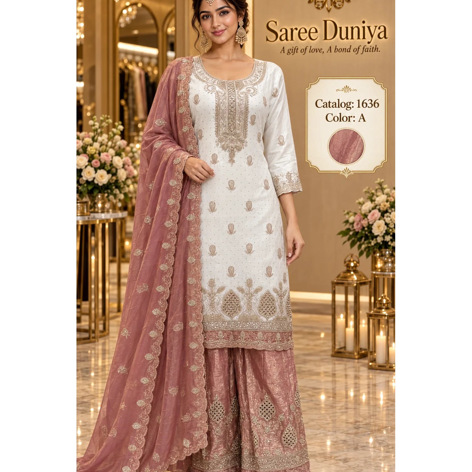 Saree Duniya Catalog 1636 Color A - adult model wearing an ivory designer suit with muted rose-gold / copper-rose contrast, size XXL (44)