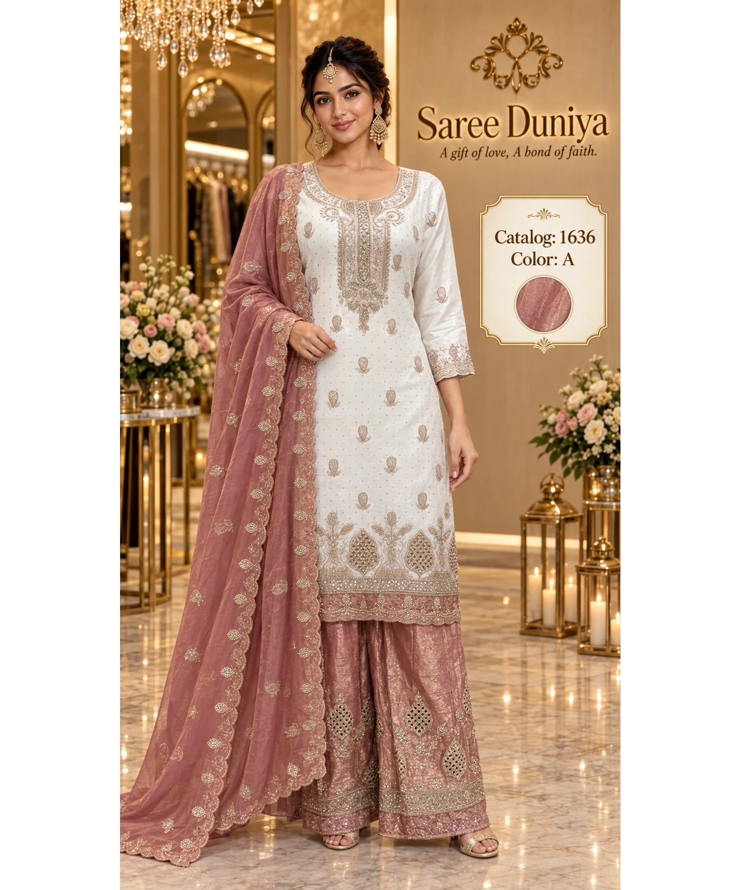 Saree Duniya Catalog 1636 Color A - adult model wearing an ivory designer suit with muted rose-gold / copper-rose contrast, size XXL (44)