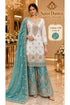 Saree Duniya Catalog 1636 Color D - adult model wearing an ivory designer suit with aqua-teal contrast, size XXL (44)