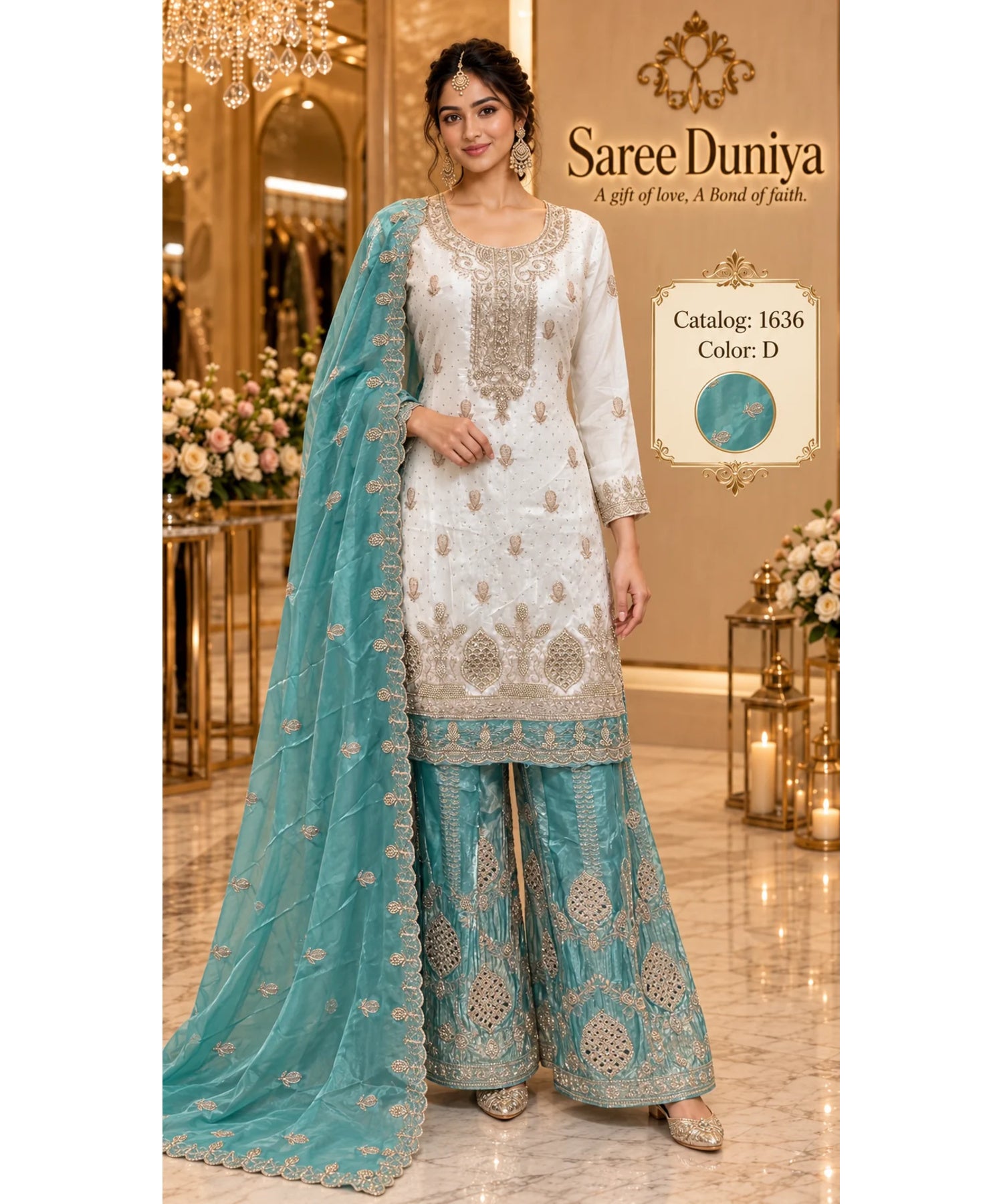 Saree Duniya Catalog 1636 Color D - adult model wearing an ivory designer suit with aqua-teal contrast, size XXL (44)
