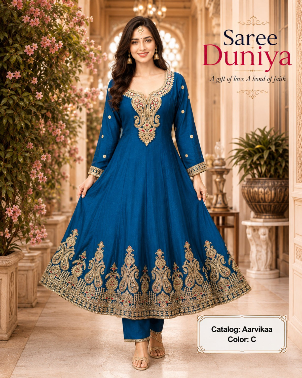 Aarvikaa Color C peacock blue full-stitched designer suit