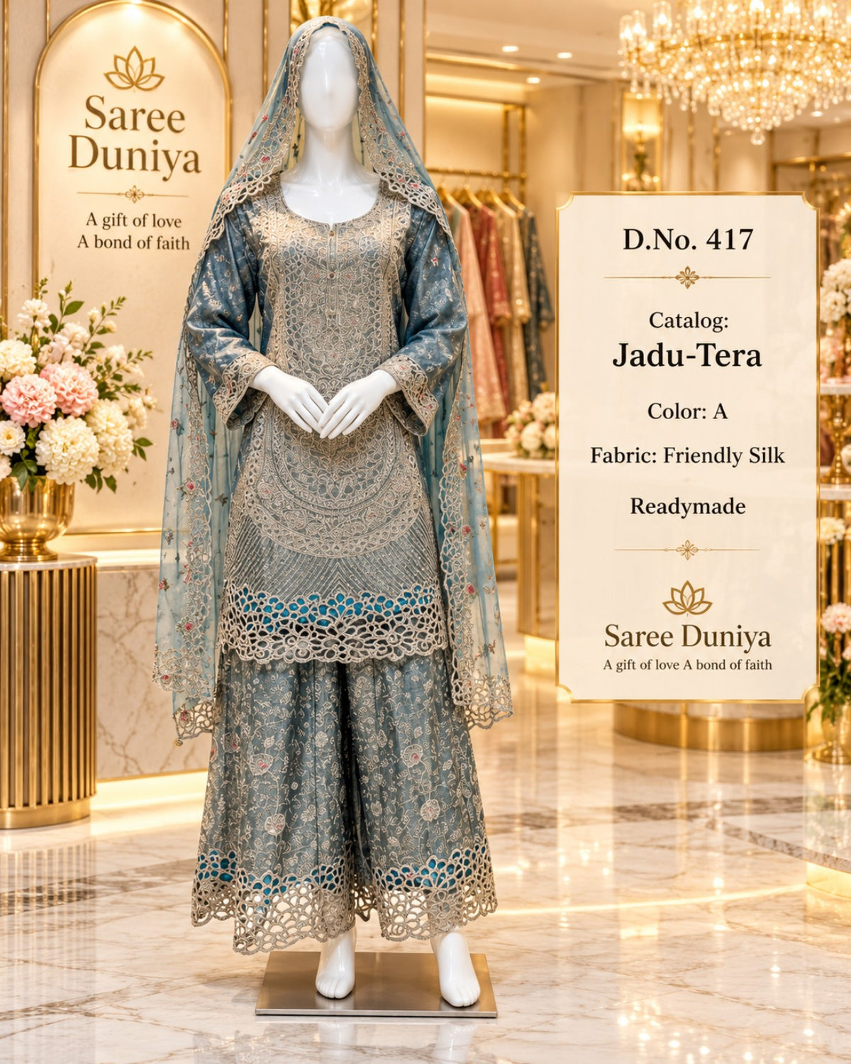 Catalog 417 Jadu-Tera Color A slate blue full-stitched designer suit on mannequin