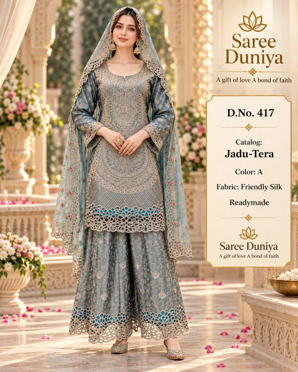 Catalog 417 Jadu-Tera Color A slate blue full-stitched designer suit on model