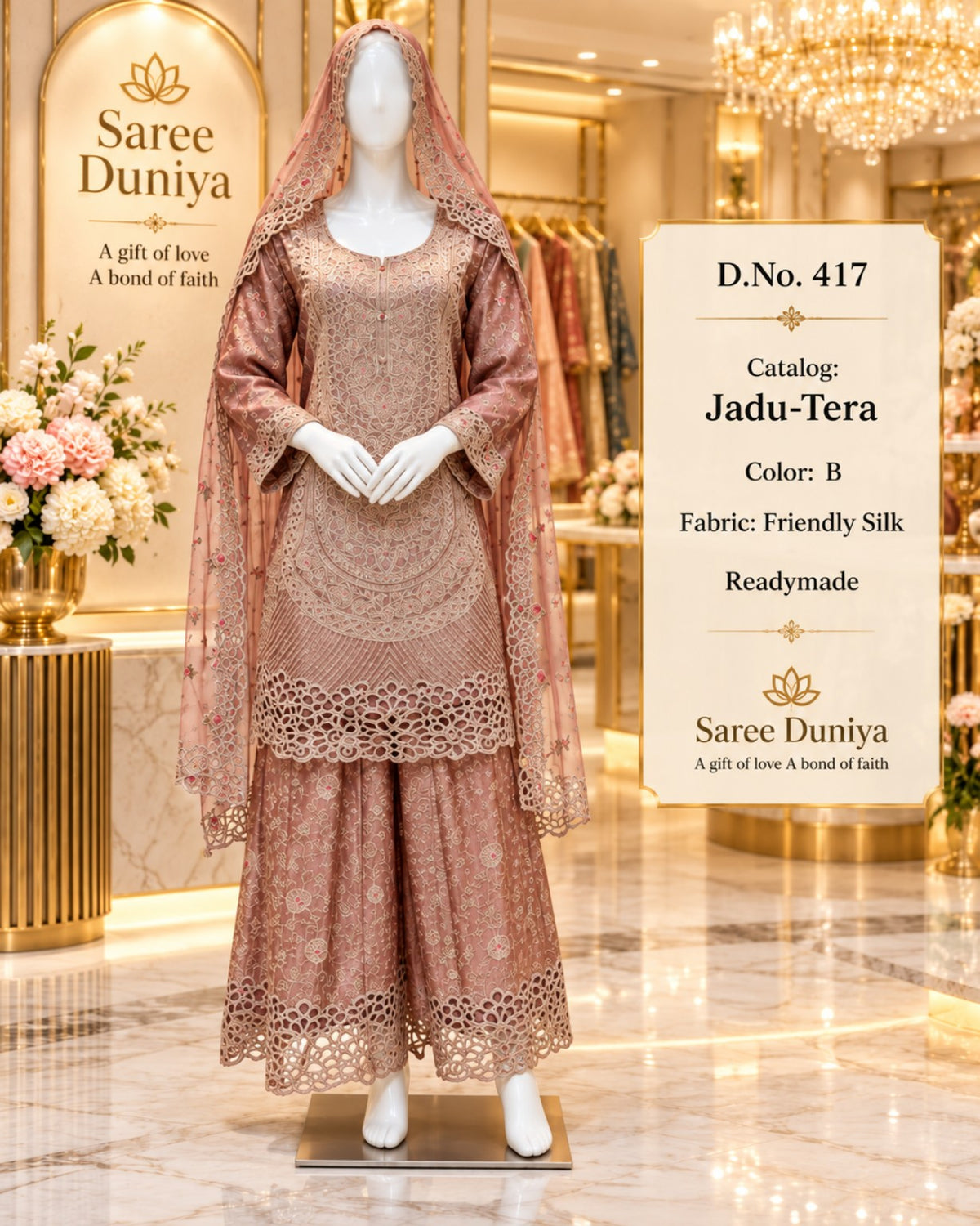 Catalog 417 Jadu-Tera Color B dusty rose full-stitched designer suit on mannequin