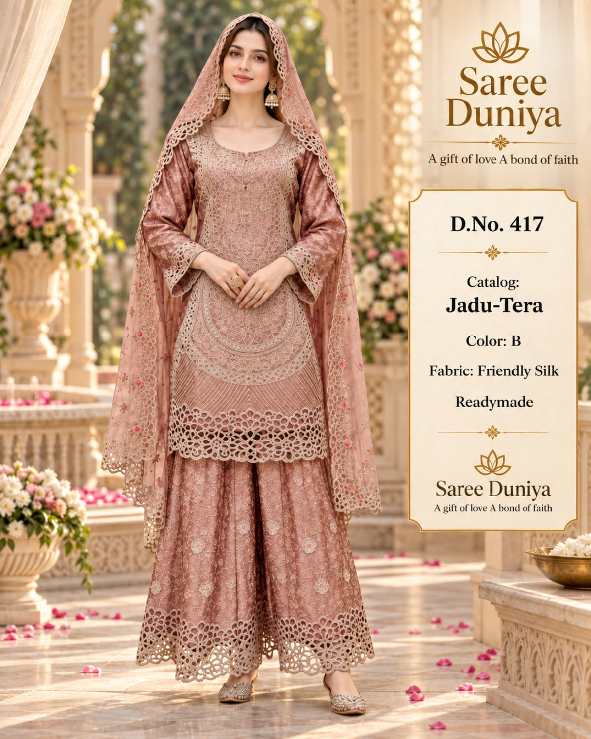 Catalog 417 Jadu-Tera Color B dusty rose full-stitched designer suit on model