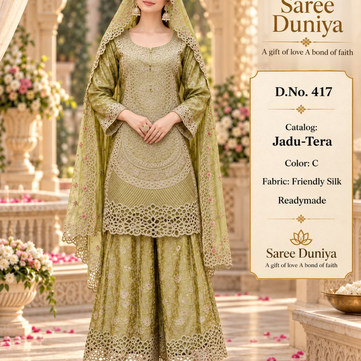 Catalog 417 Jadu-Tera Color C olive green full-stitched designer suit on model