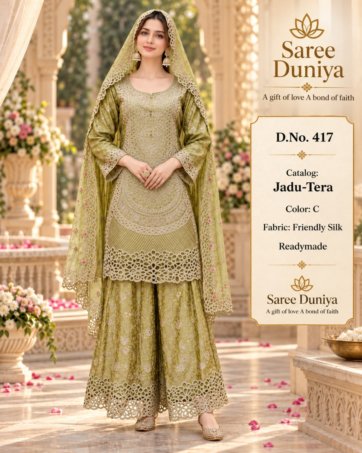 Catalog 417 Jadu-Tera Color C olive green full-stitched designer suit on model