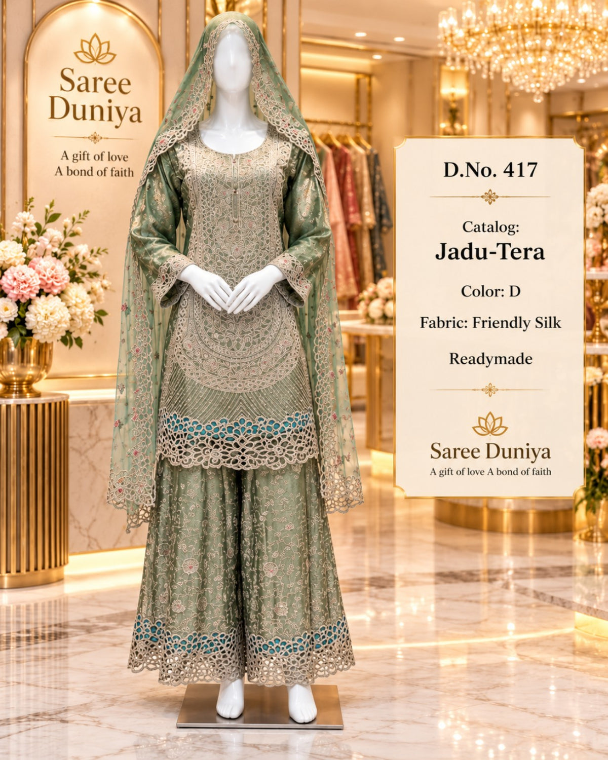 Catalog 417 Jadu-Tera Color D sage green full-stitched designer suit on mannequin
