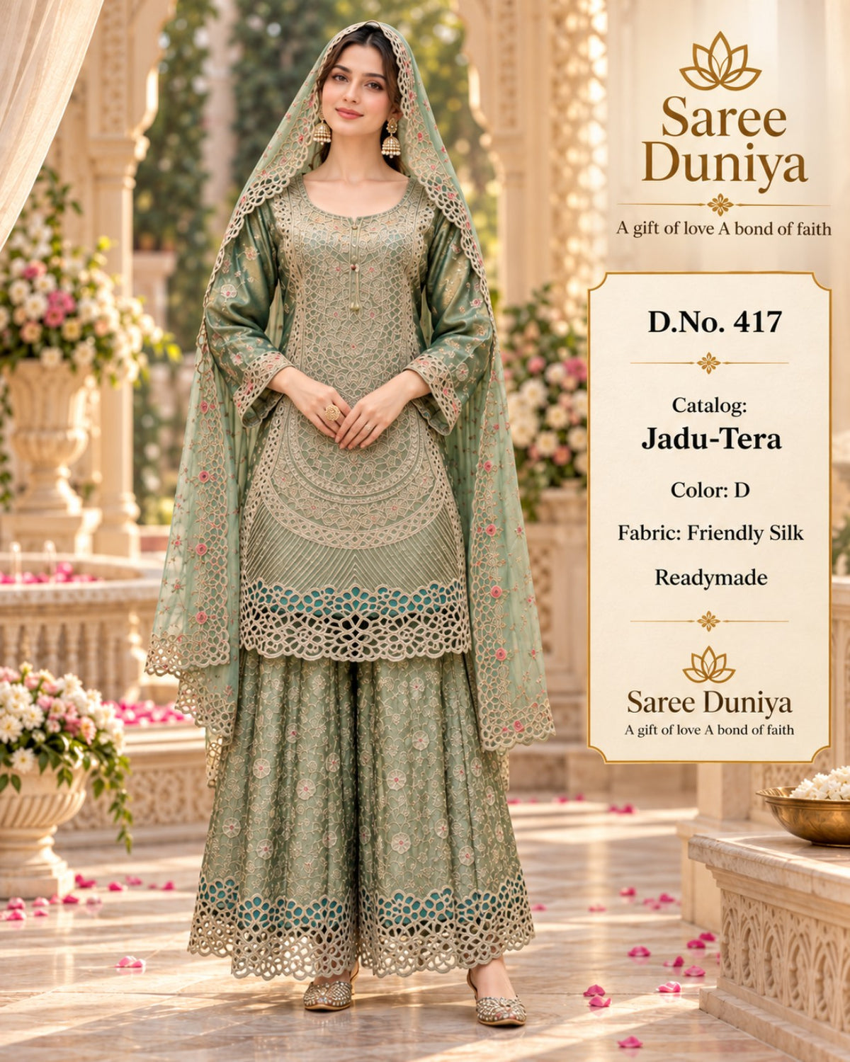 Catalog 417 Jadu-Tera Color D sage green full-stitched designer suit on model