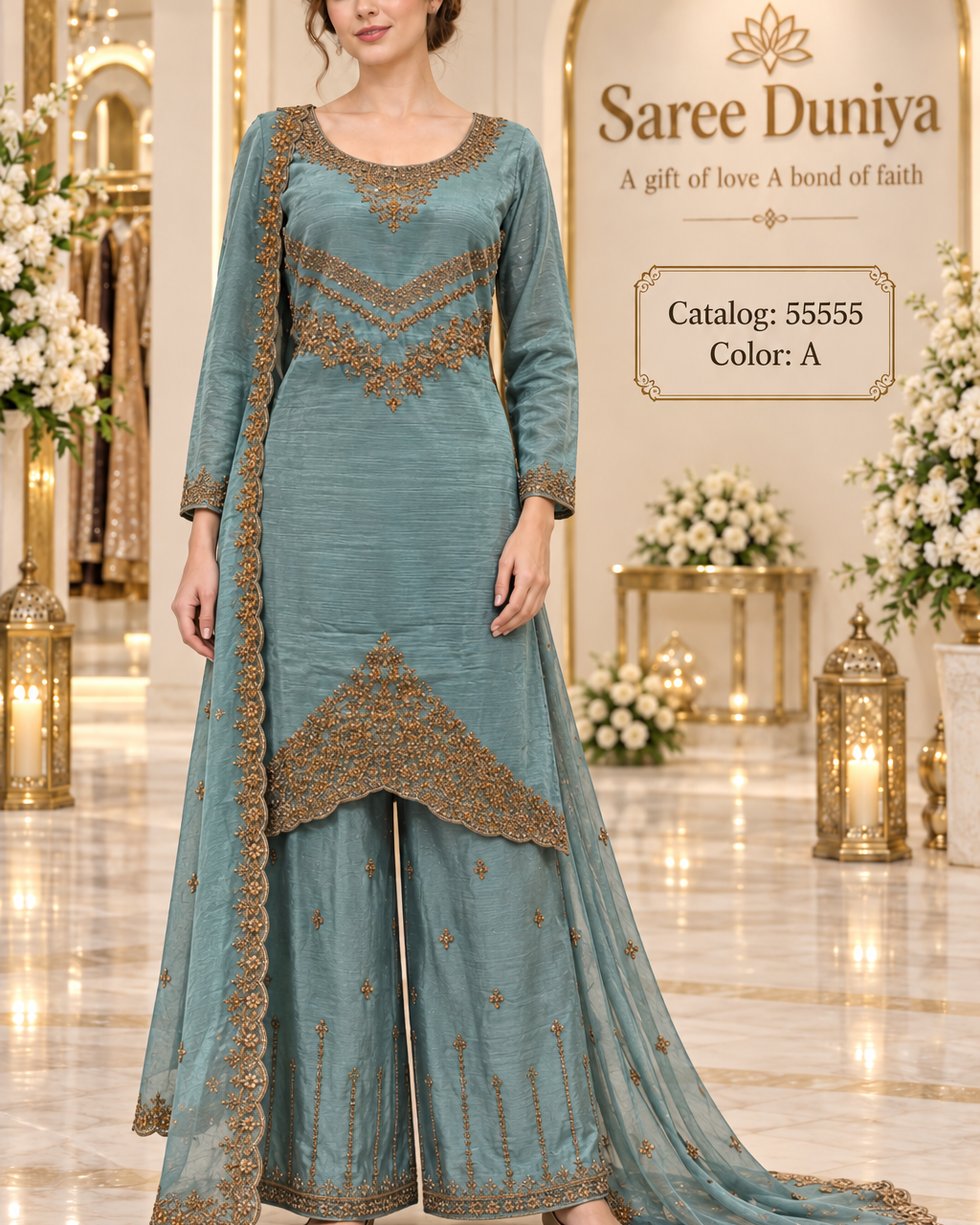 Saree Duniya Catalog 55555, Color A, size 44 fully stitched designer suit on a female model.