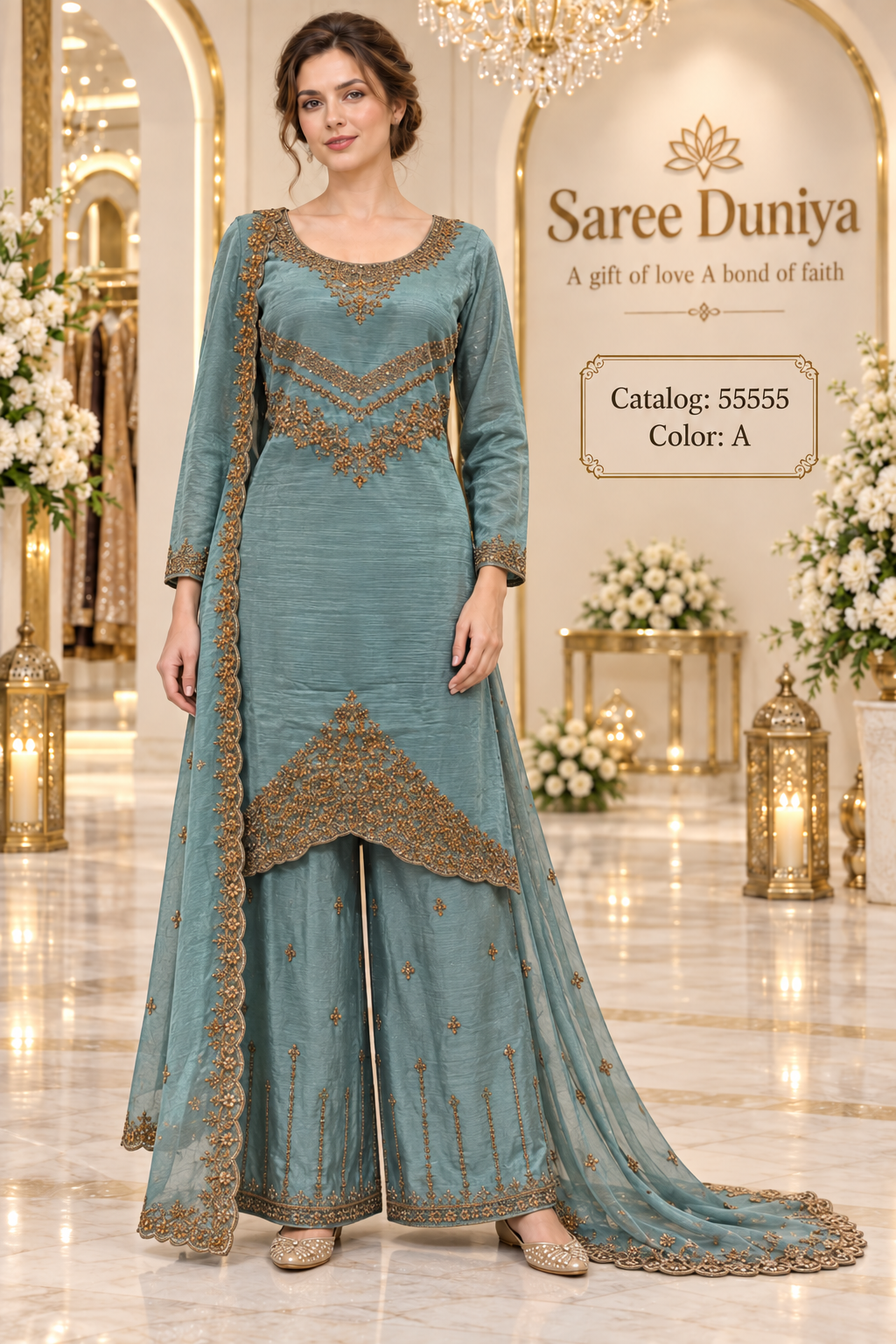 Saree Duniya Catalog 55555, Color A, size 44 fully stitched designer suit on a female model.