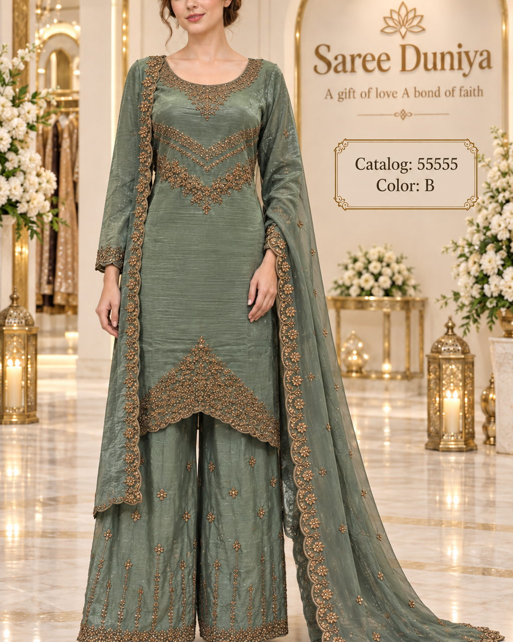 Saree Duniya Catalog 55555, Color B, size 44 fully stitched designer suit on a female model.