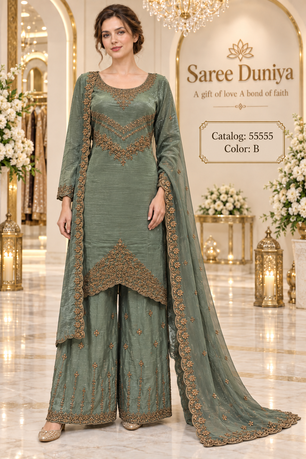 Saree Duniya Catalog 55555, Color B, size 44 fully stitched designer suit on a female model.