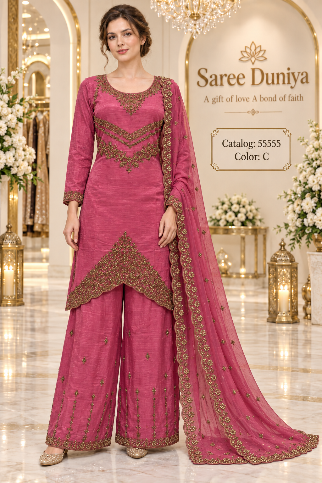 Saree Duniya Catalog 55555, Color C, size 44 fully stitched designer suit on a female model.