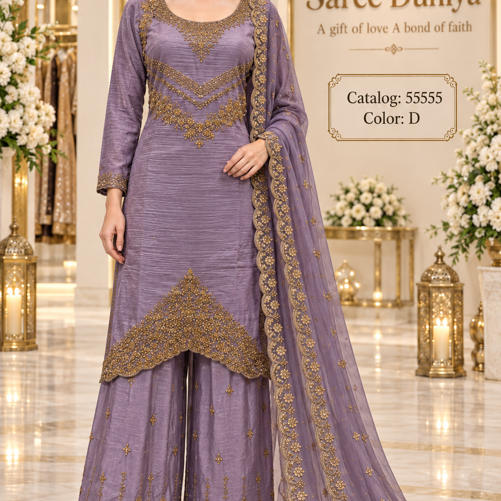 Saree Duniya Catalog 55555, Color D, size 44 fully stitched designer suit on a female model.