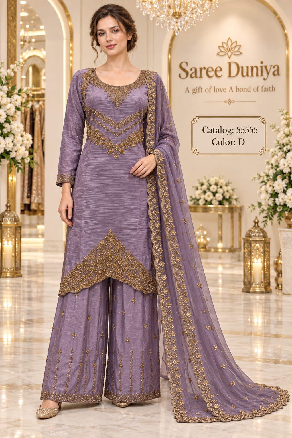 Saree Duniya Catalog 55555, Color D, size 44 fully stitched designer suit on a female model.