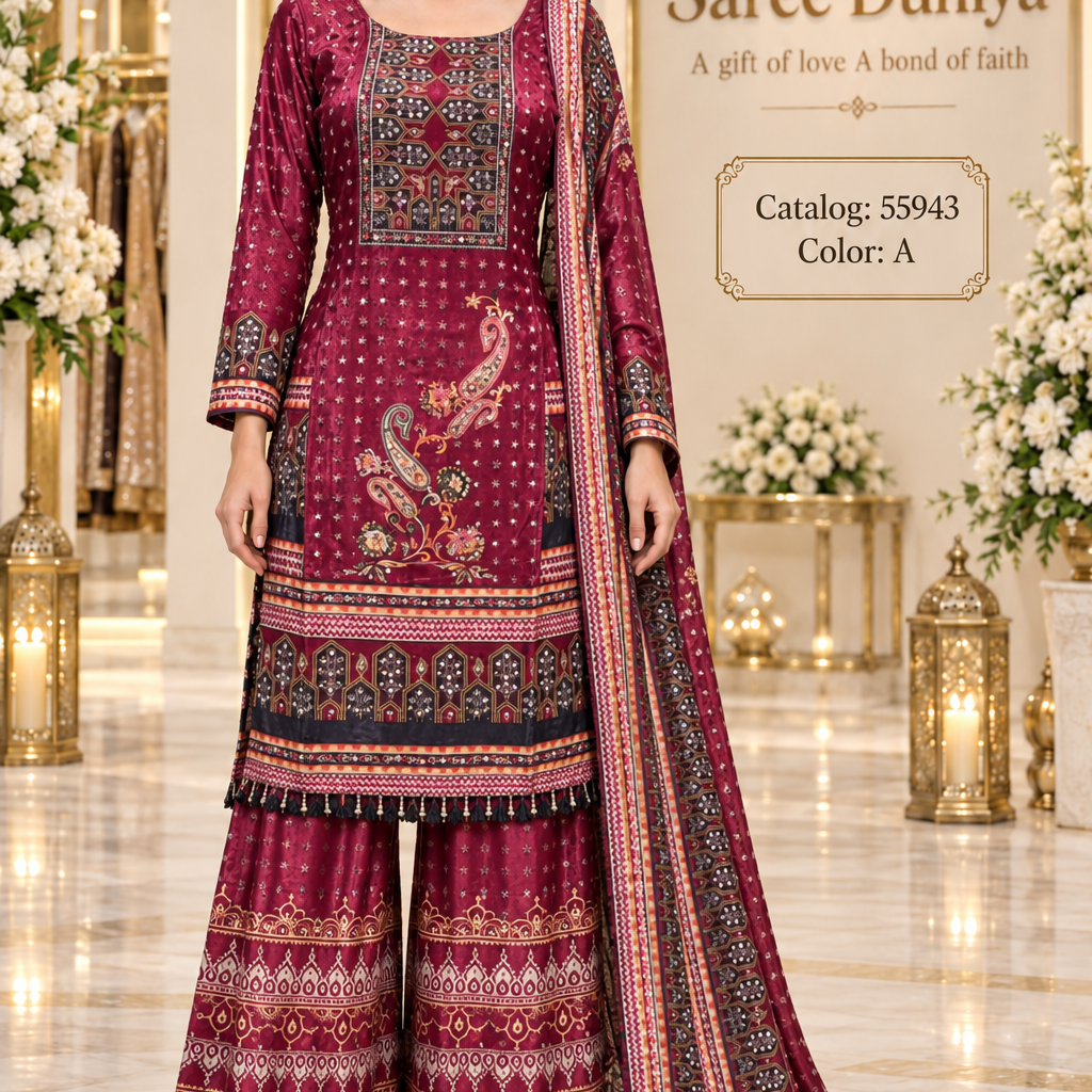 Saree Duniya Catalog 55943, Color A, fully stitched printed designer suit on a female model.