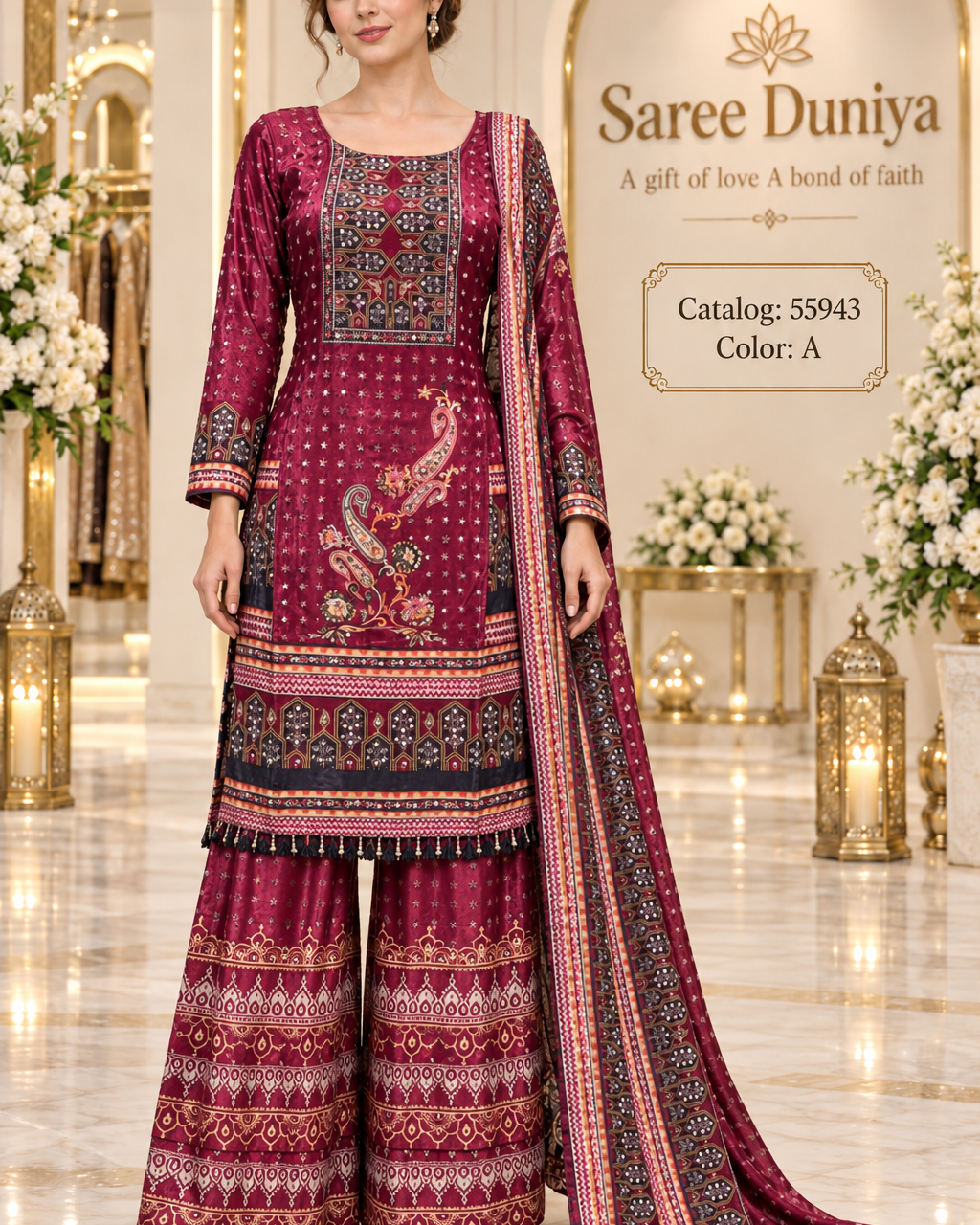 Saree Duniya Catalog 55943, Color A, fully stitched printed designer suit on a female model.