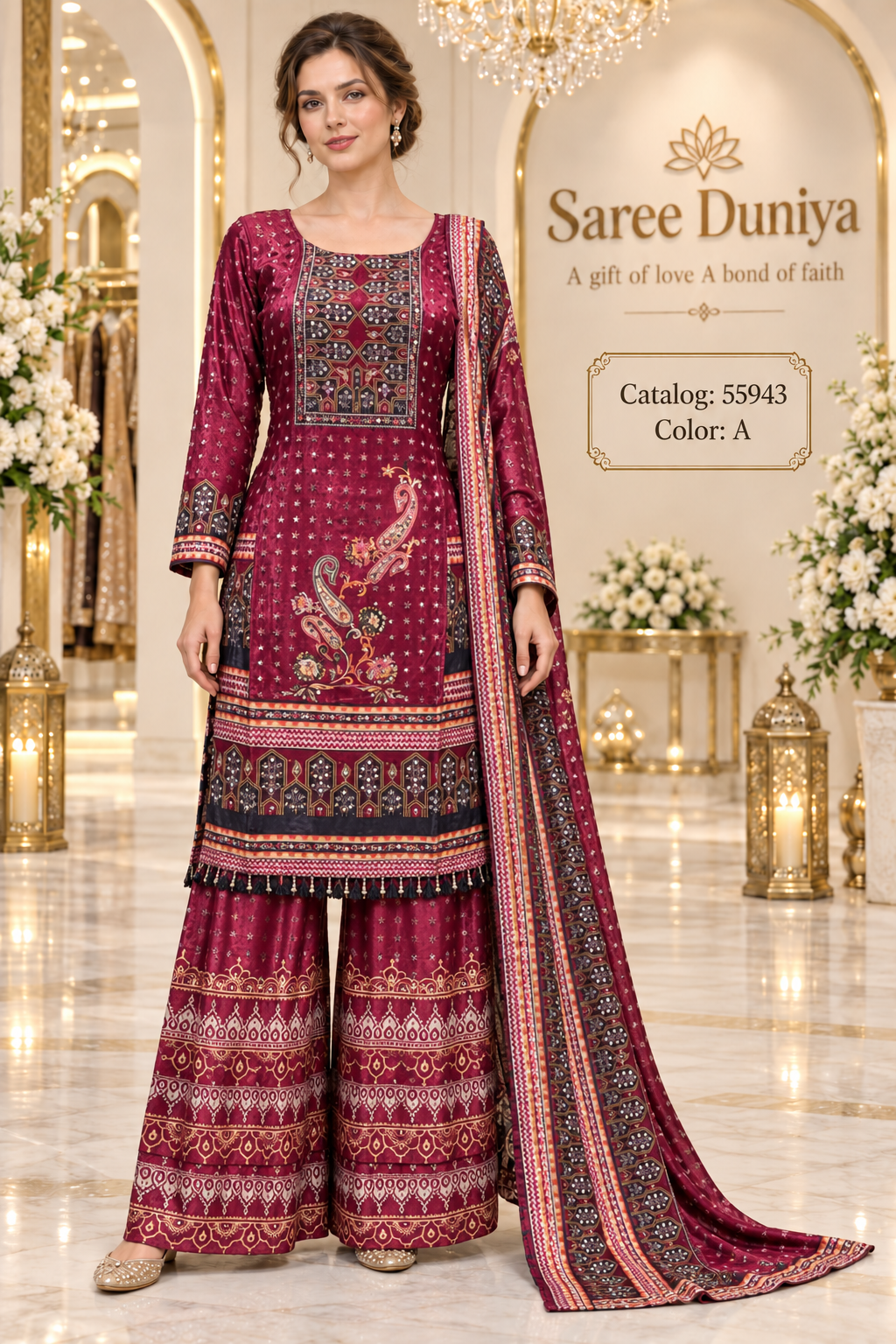 Saree Duniya Catalog 55943, Color A, fully stitched printed designer suit on a female model.