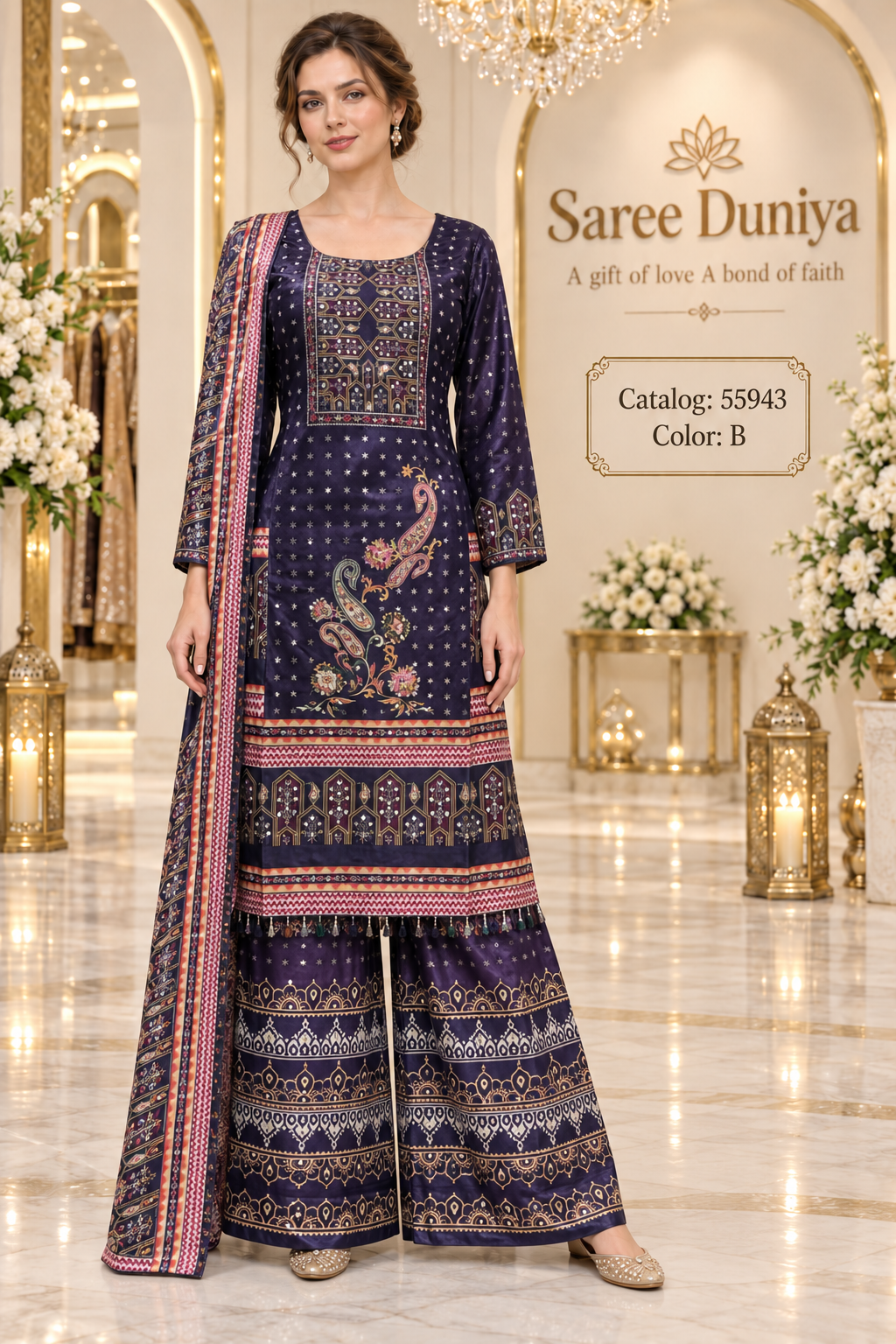 Saree Duniya Catalog 55943, Color B, fully stitched printed designer suit on a female model.