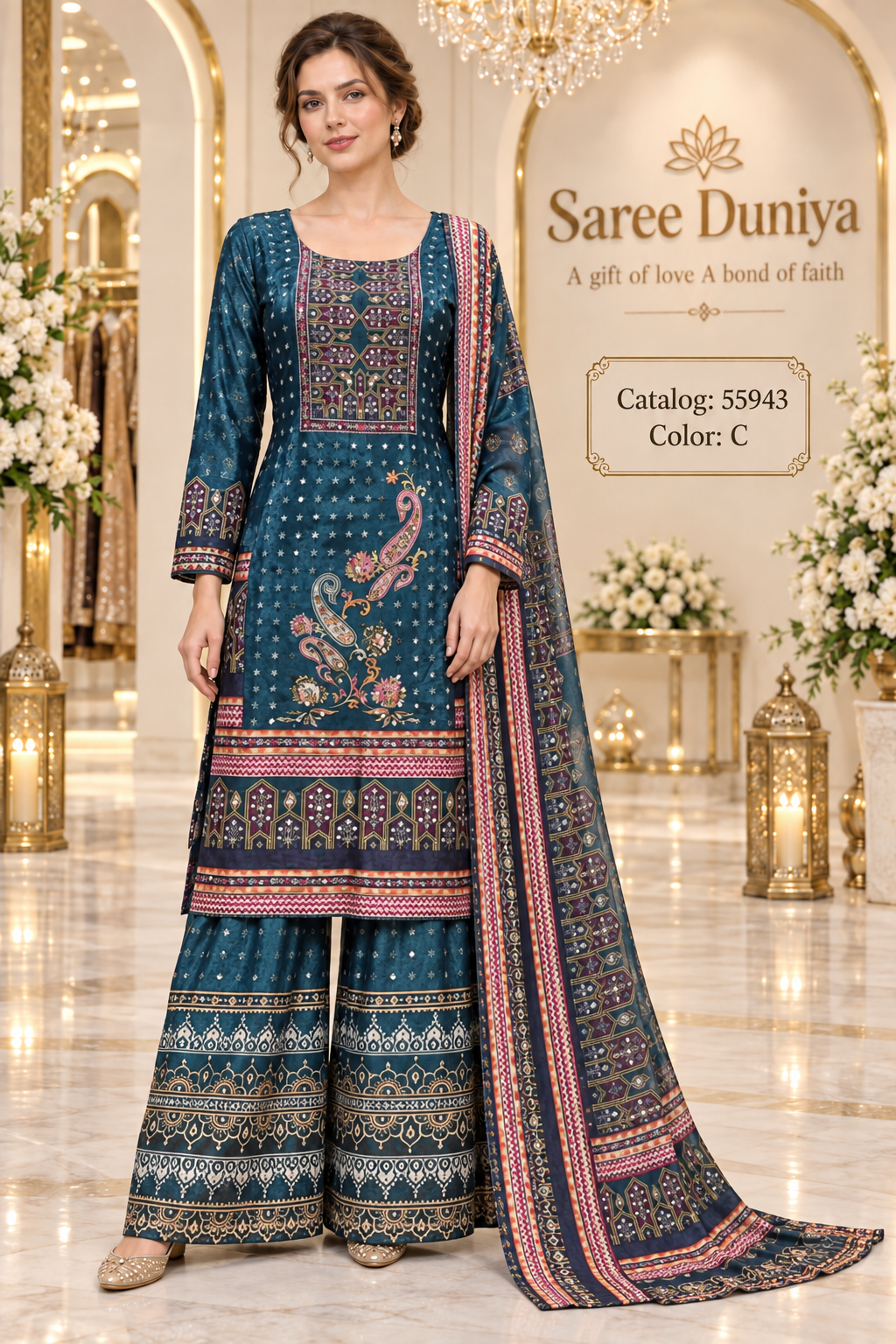 Saree Duniya Catalog 55943, Color C, fully stitched printed designer suit on a female model.