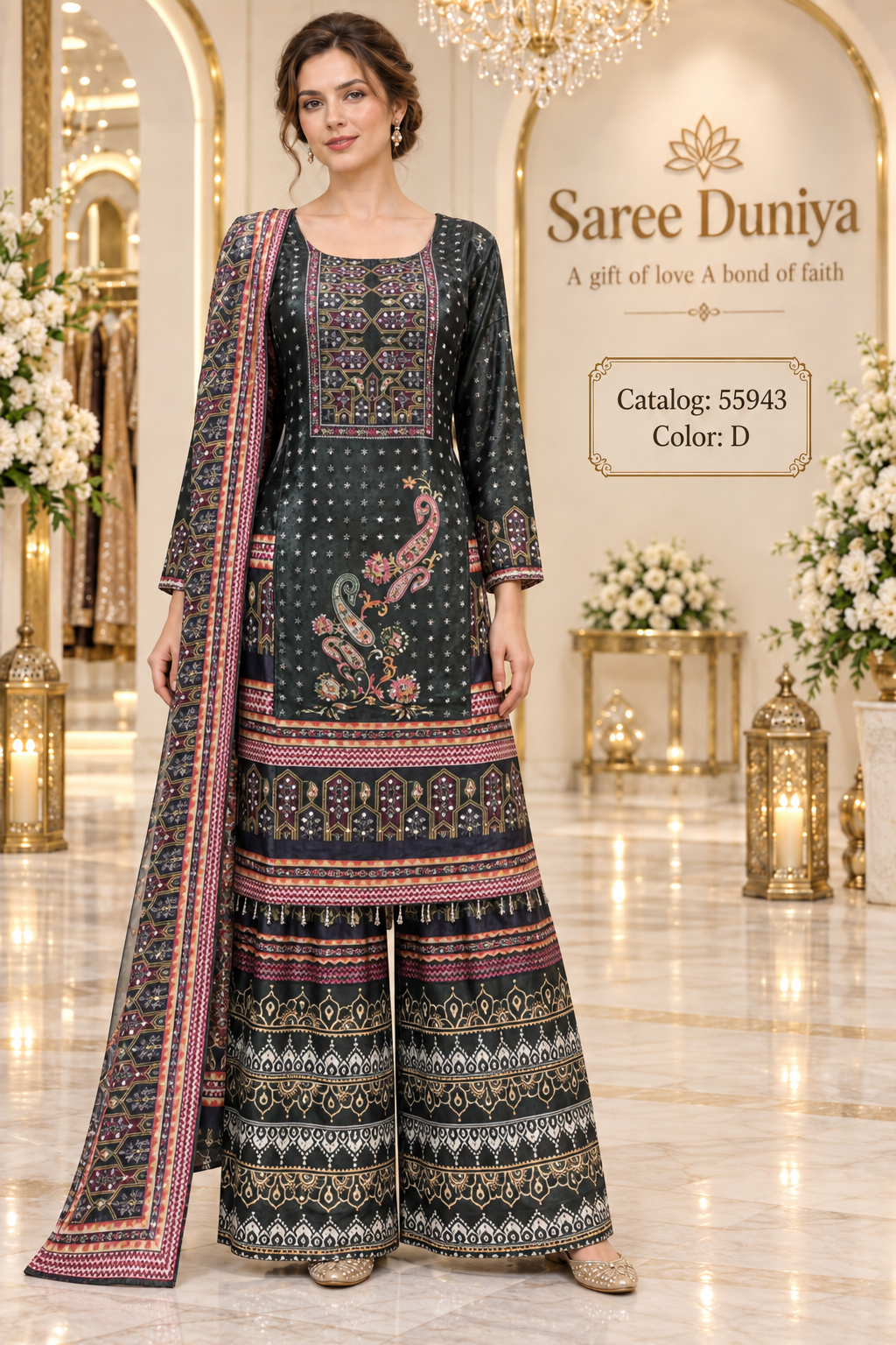 Saree Duniya Catalog 55943, Color D, fully stitched printed designer suit on a female model.
