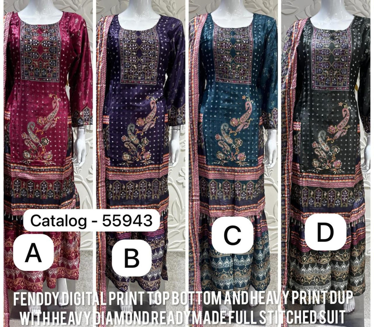 Original Catalog 55943 photograph showing designer suit styles A, B, C, and D.