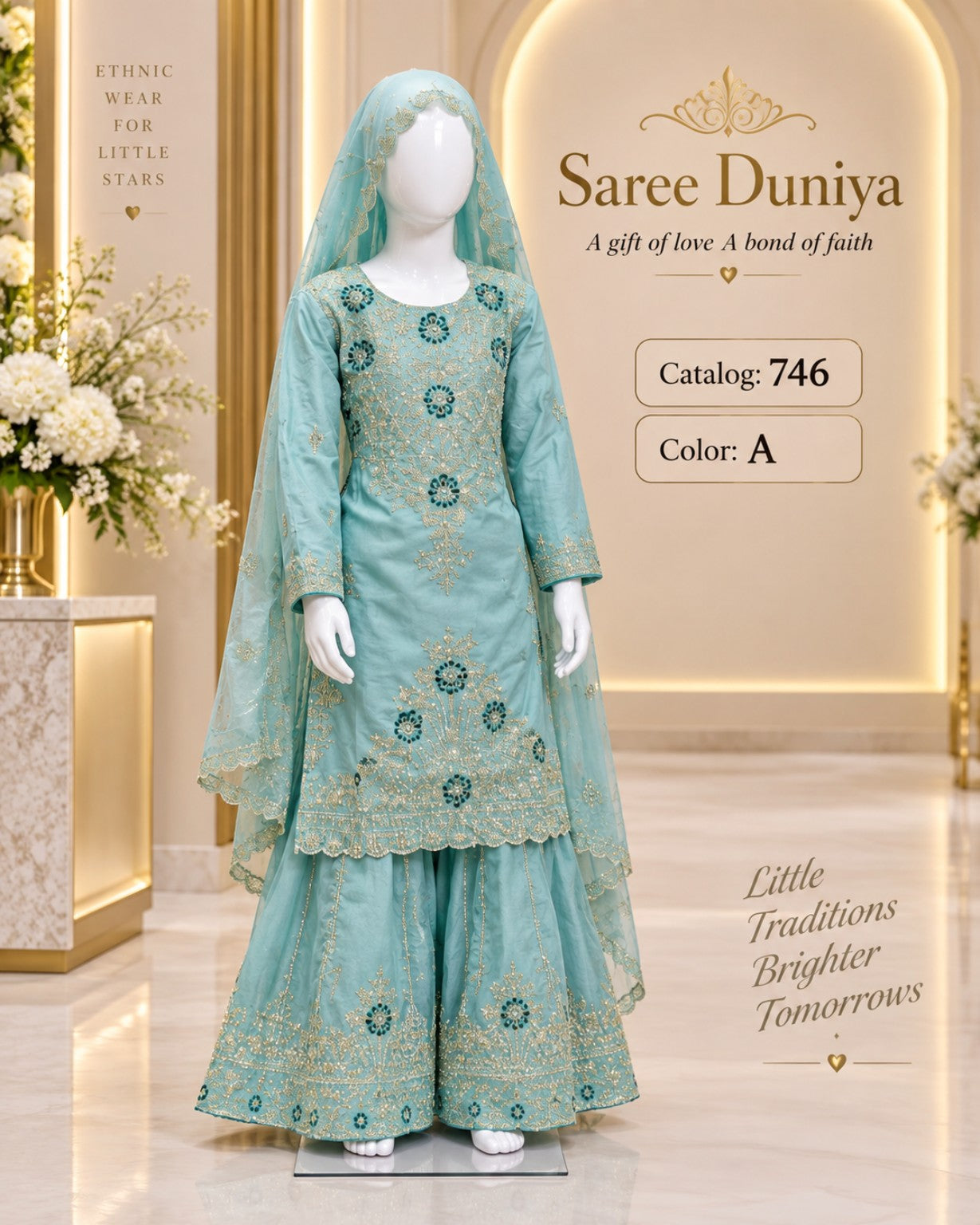 Catalog 746 Color A size 32 light aqua girls salwar kameez on mannequin