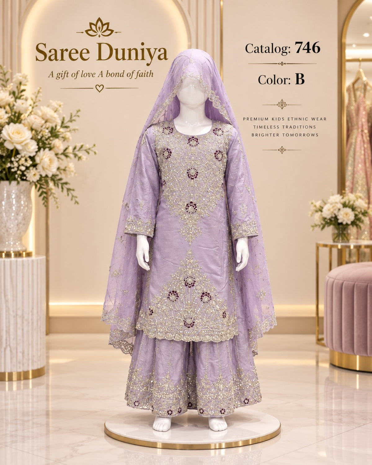 Catalog 746 Color B size 34 light lavender girls salwar kameez on mannequin