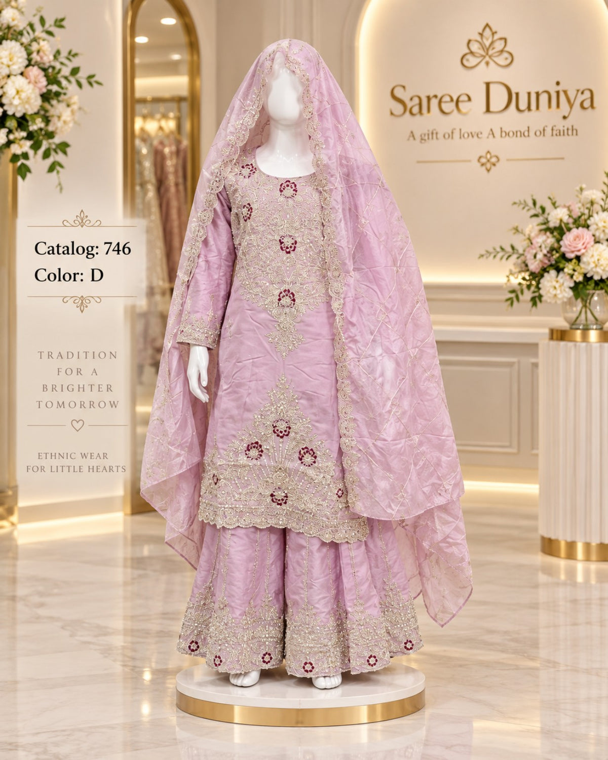 Catalog 746 Color D size 36 soft pink girls salwar kameez on mannequin