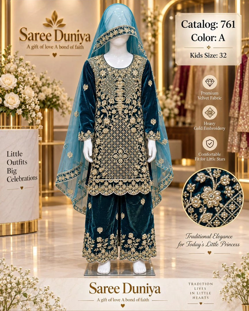 Catalog 761 Color A size 32 deep teal velvet girls salwar kameez on mannequin