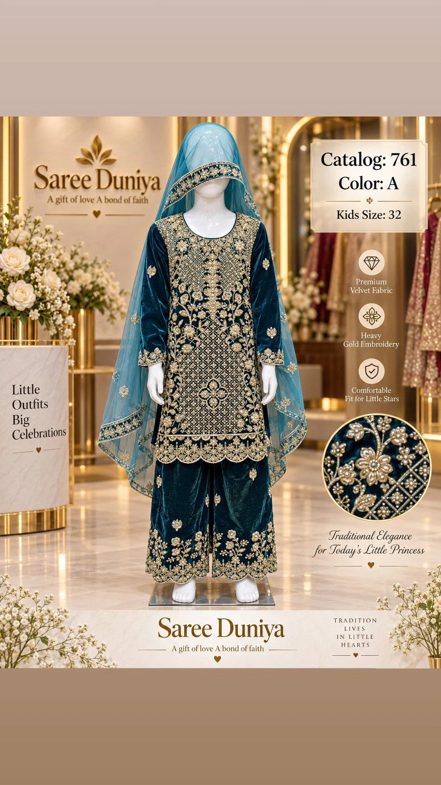 Catalog 761 Color A size 32 deep teal velvet girls salwar kameez on mannequin