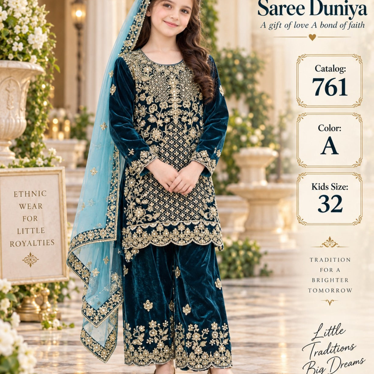 Catalog 761 Color A size 32 deep teal velvet girls salwar kameez on model