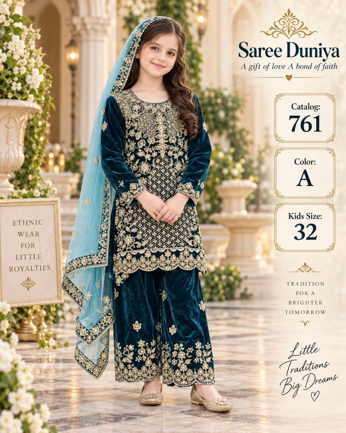 Catalog 761 Color A size 32 deep teal velvet girls salwar kameez on model
