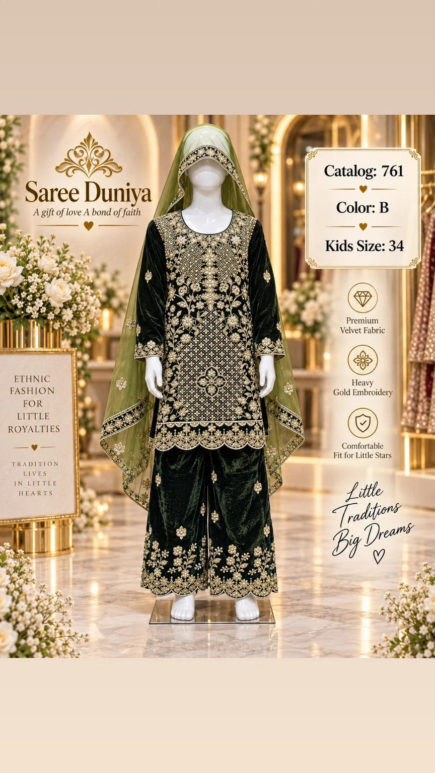 Catalog 761 Color B size 34 forest green velvet girls salwar kameez on mannequin