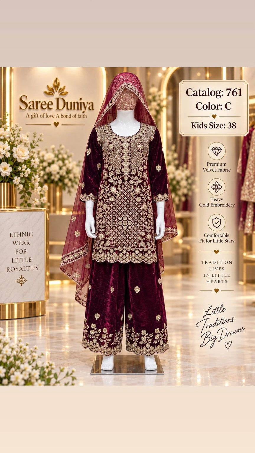 Catalog 761 Color C size 38 burgundy velvet girls salwar kameez on mannequin